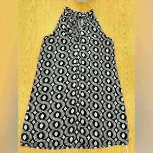 Kaari Blue Sleeveless Tie Neck Black and White Geometric Print Dress Size Medium